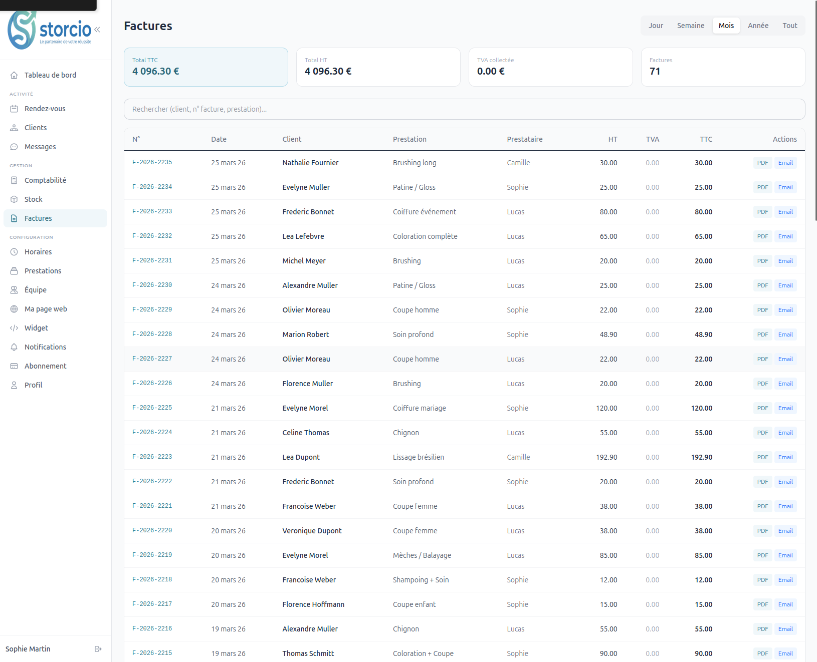 Capture d'écran d'un logiciel de facturation pour indépendants avec liste de factures et statistiques